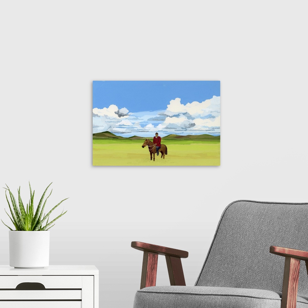 A modern room featuring Mongolian Steppes And People Riding Horses, 2015
