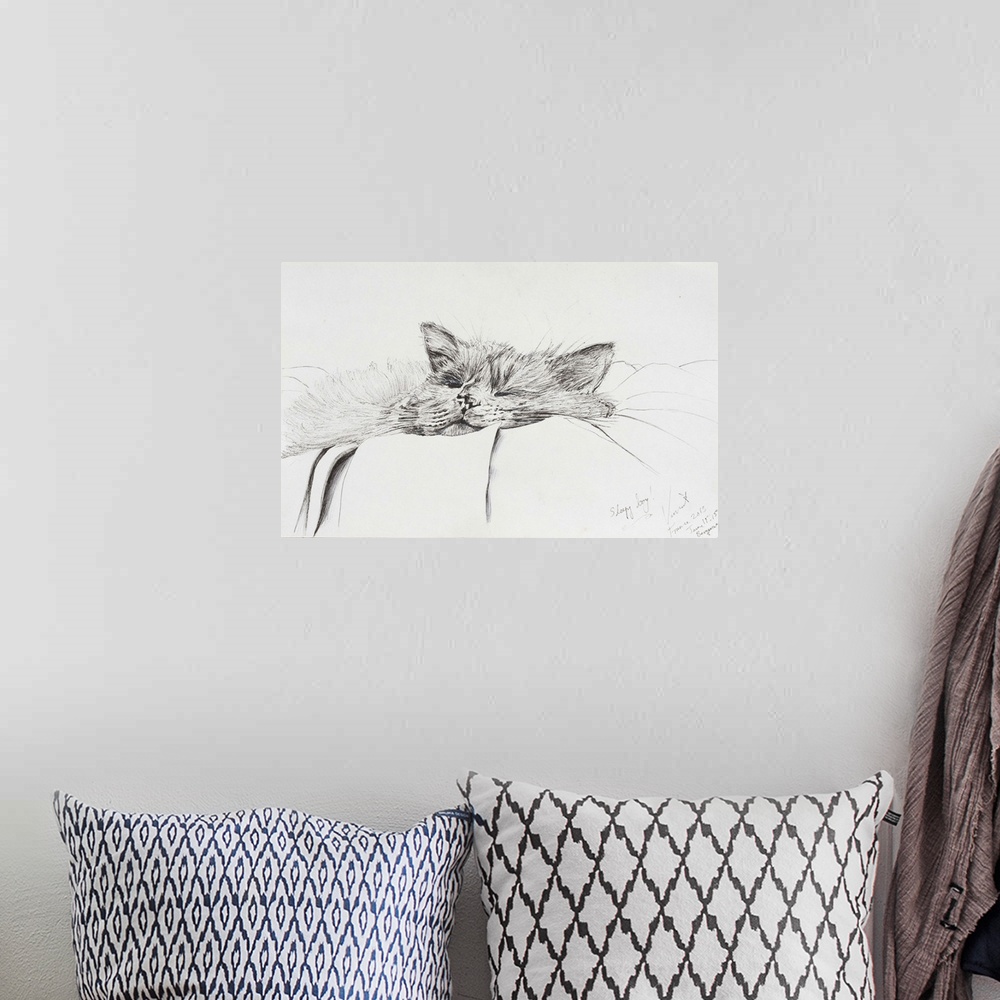 A bohemian room featuring Contemporary illustration of a cat sleeping soundly.