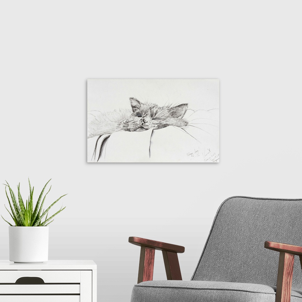 A modern room featuring Contemporary illustration of a cat sleeping soundly.