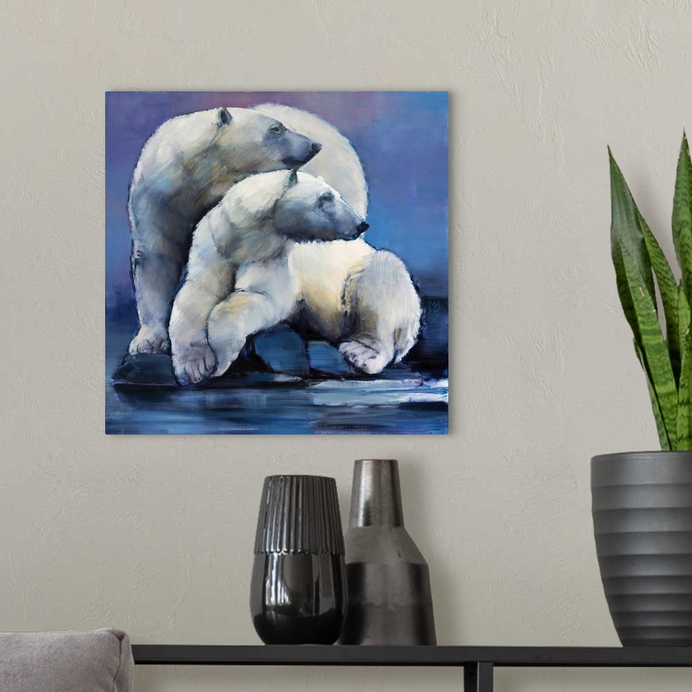 A modern room featuring Moon Bears, 2016, originally oil on canvas.