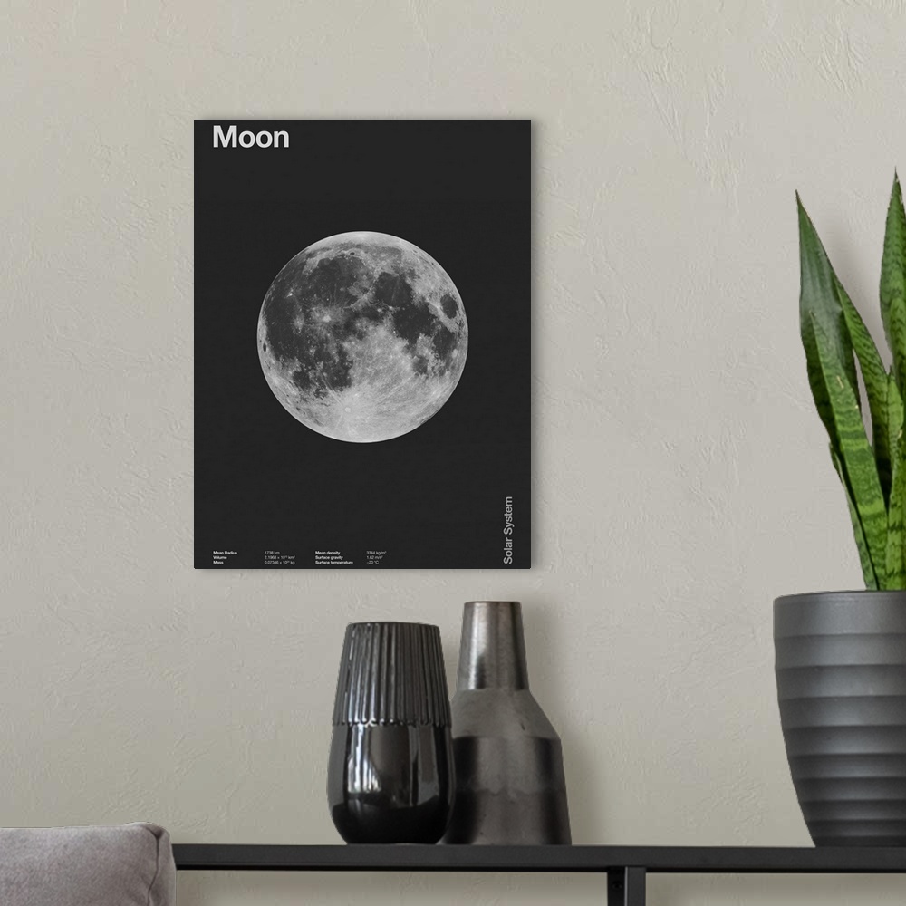 A modern room featuring Moon: Minimal Solar System Datas, 2023