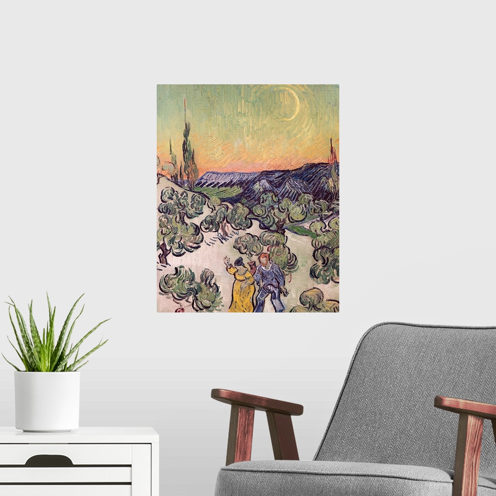 A modern room featuring A piece of classic artwork with a man and woman walking through a field of trees with a crescent ...