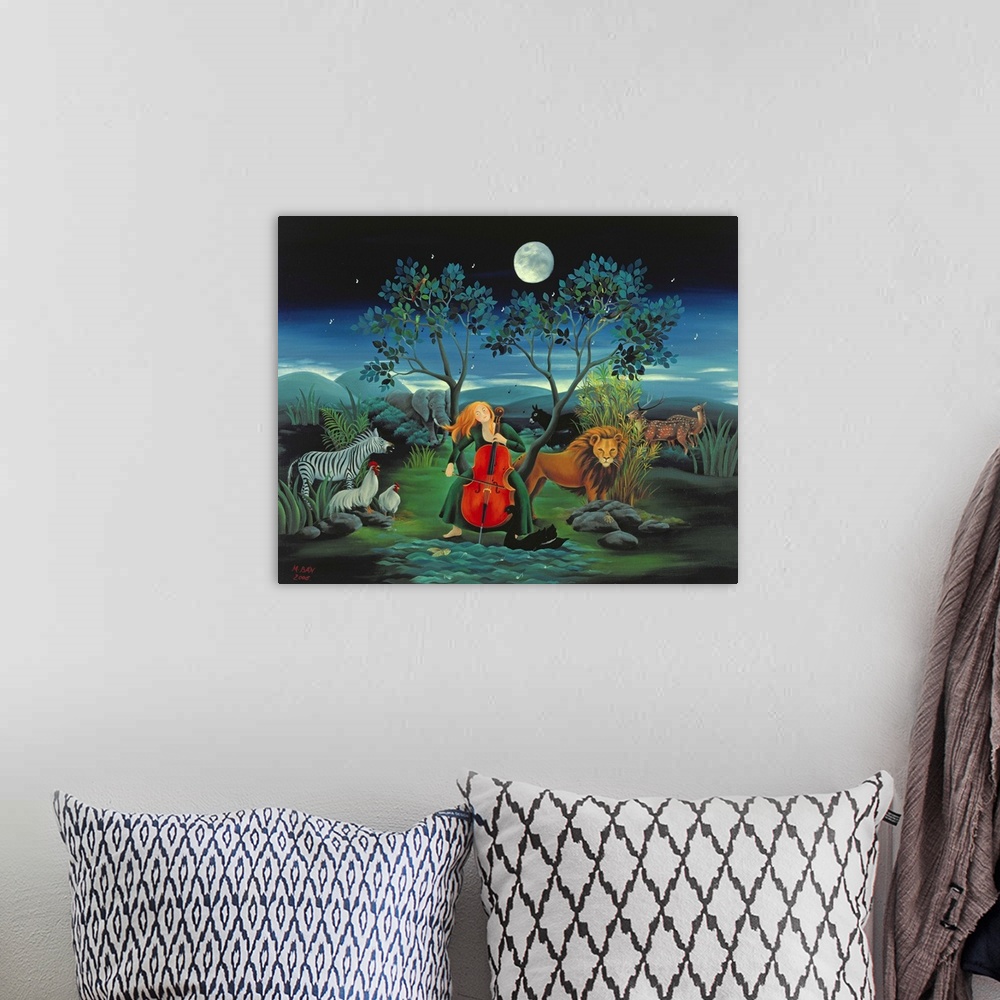 A bohemian room featuring Contemporary painting of a woman playing music with wild animals at night.