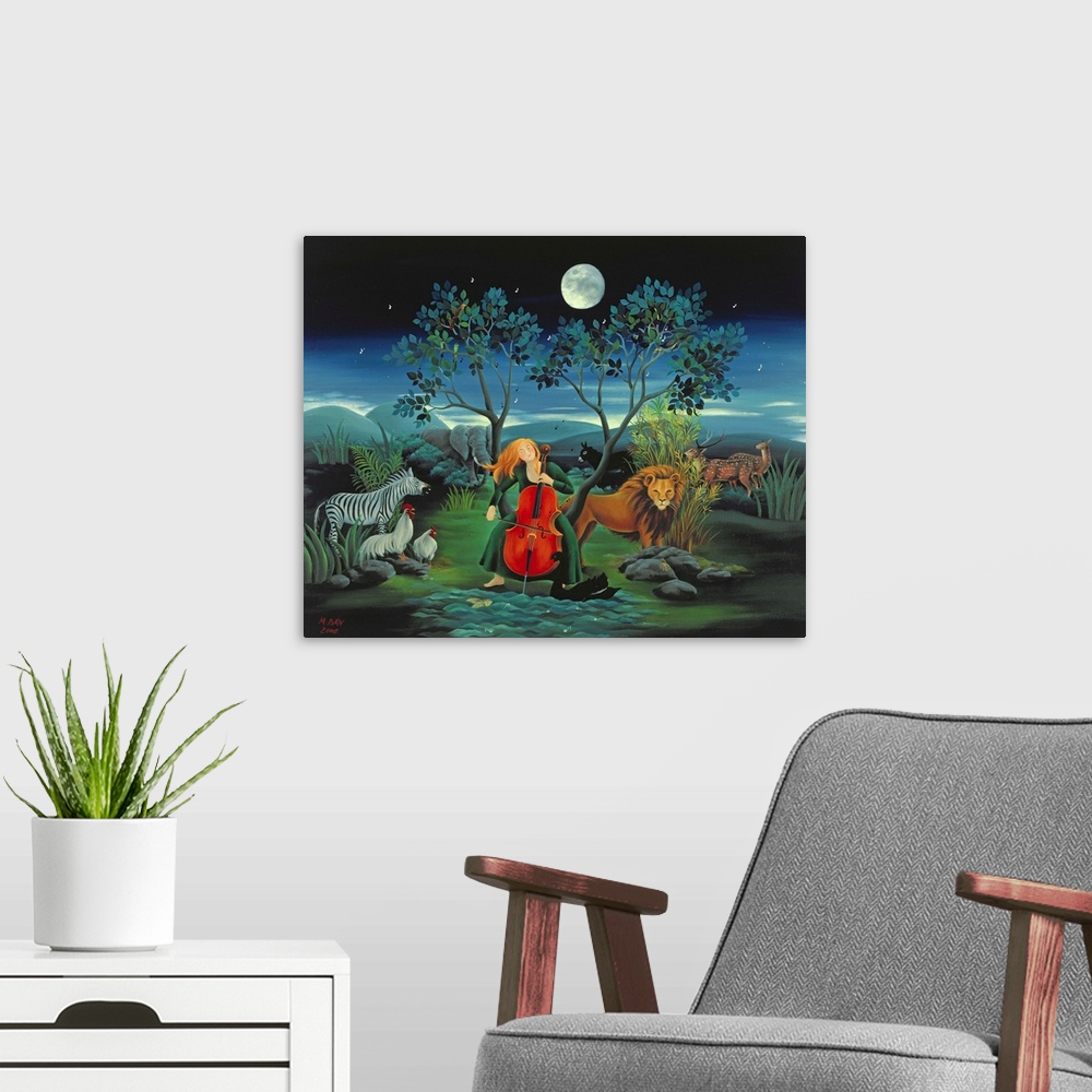 A modern room featuring Contemporary painting of a woman playing music with wild animals at night.