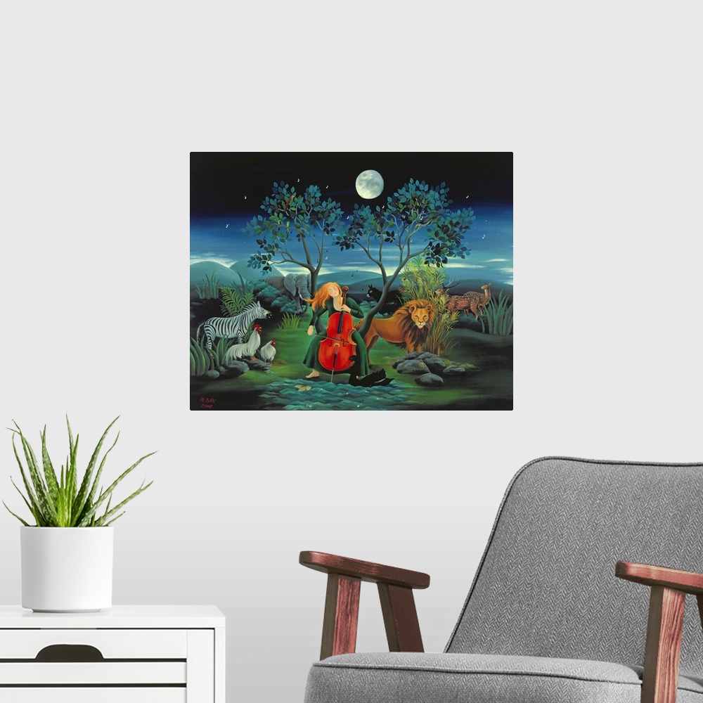 A modern room featuring Contemporary painting of a woman playing music with wild animals at night.