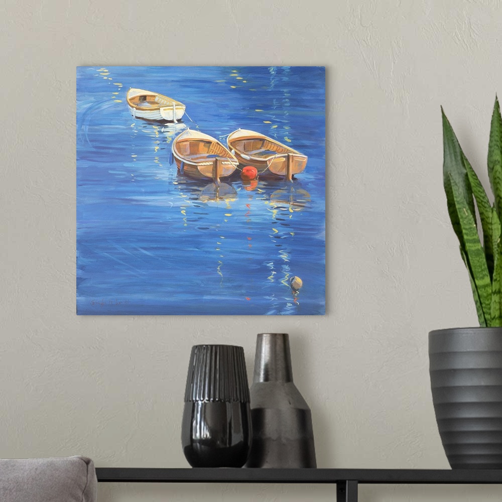 A modern room featuring Contemporary painting of small boats on the water off the English coast.