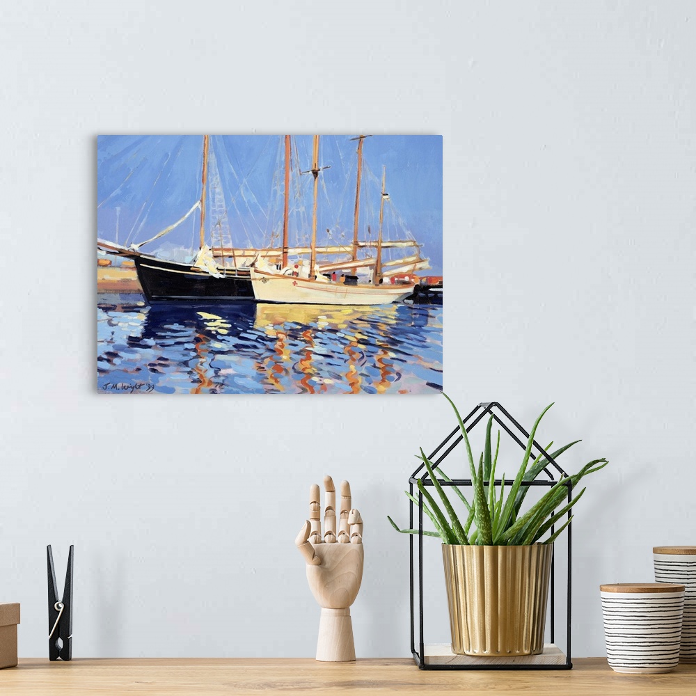A bohemian room featuring Contemporary painting of sailboats in the harbor at Skagen, Denmark.