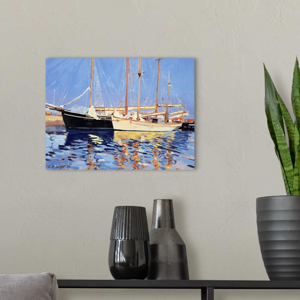 A modern room featuring Contemporary painting of sailboats in the harbor at Skagen, Denmark.