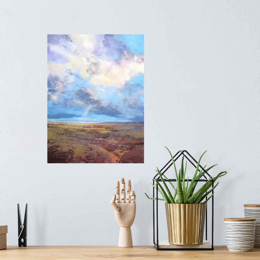 A bohemian room featuring Moorland Sky, 2016, originally mixed media on canvas.