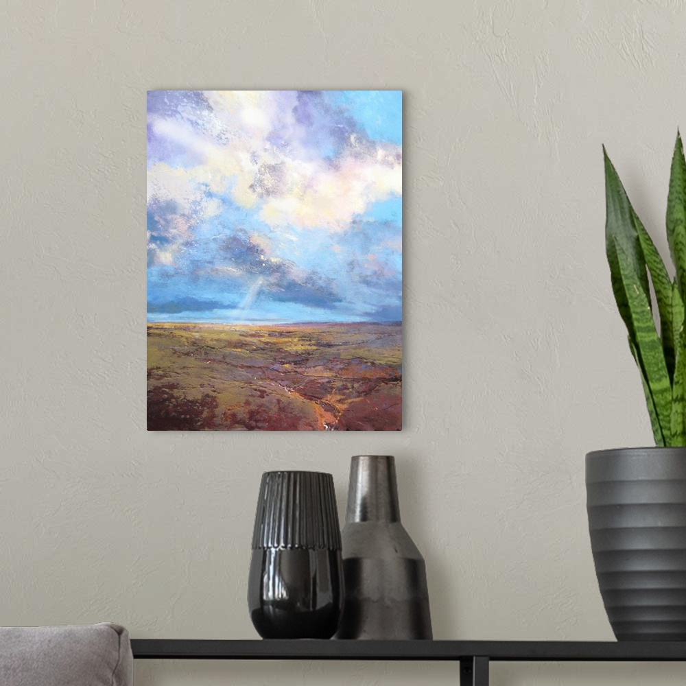 A modern room featuring Moorland Sky, 2016, originally mixed media on canvas.