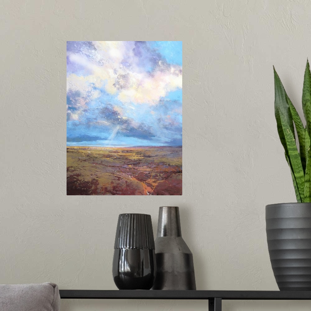 A modern room featuring Moorland Sky, 2016, originally mixed media on canvas.