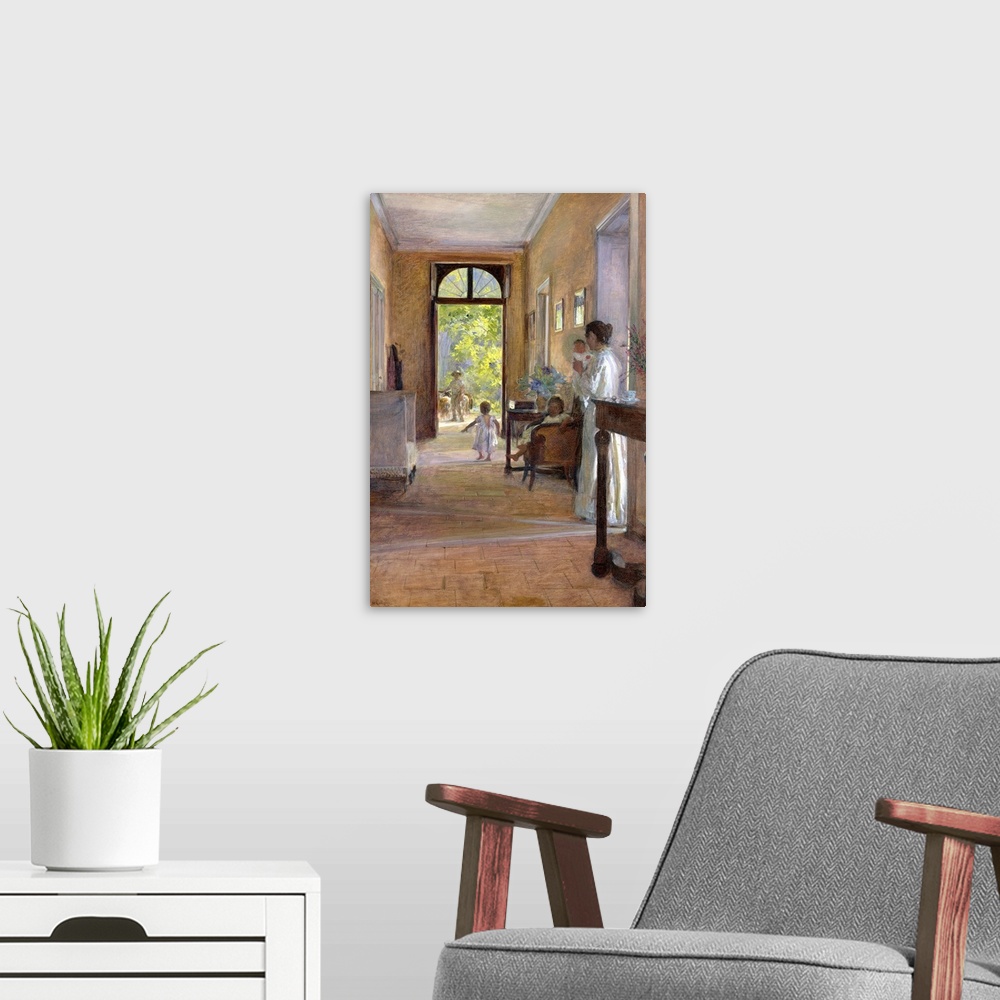 A modern room featuring This this 19th century painting shows an idyllic family scene of an open hallway in a family home...