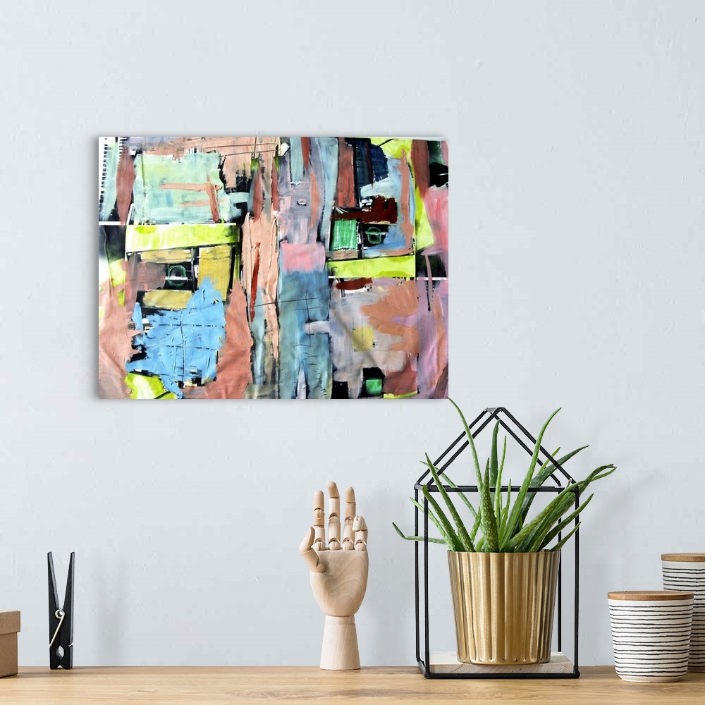 A bohemian room featuring Contemporary abstract painting using vivid colors and bold lines.