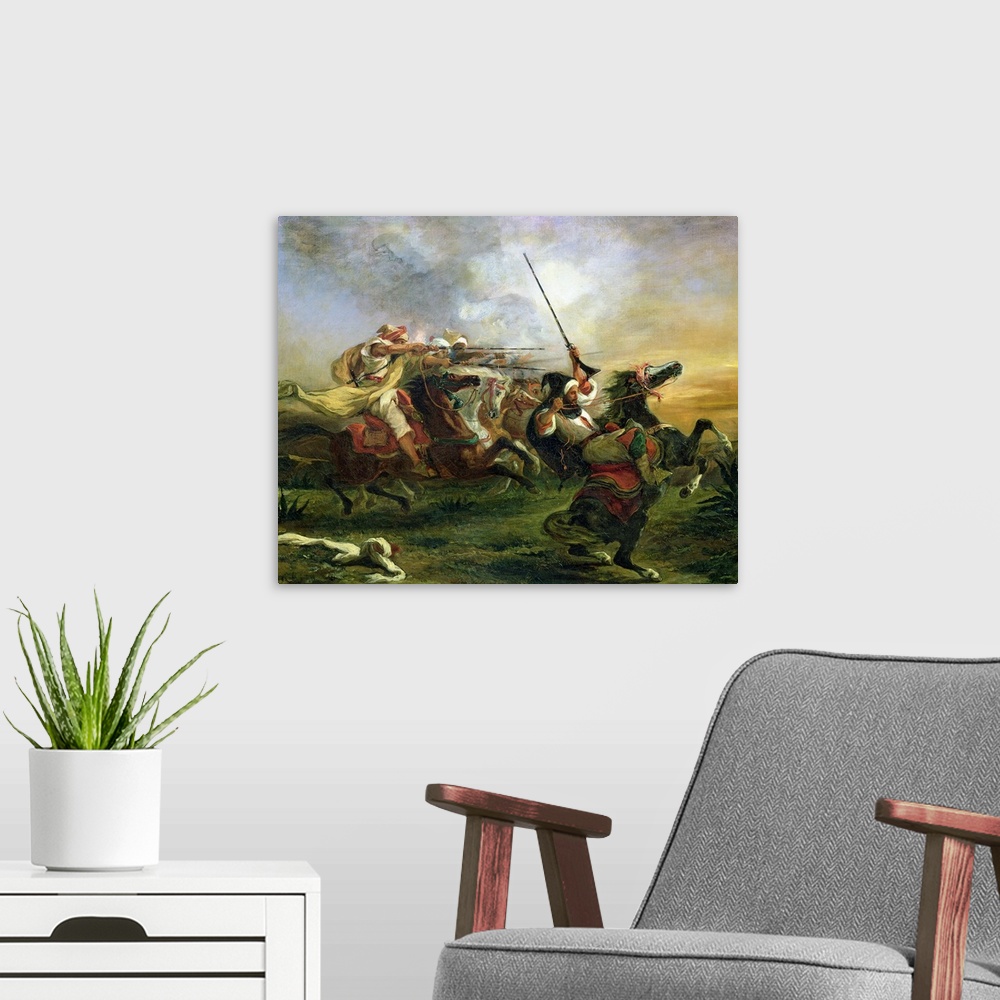A modern room featuring XIR69466 Moroccan horsemen in military action, 1832  by Delacroix, Ferdinand Victor Eugene (1798-...