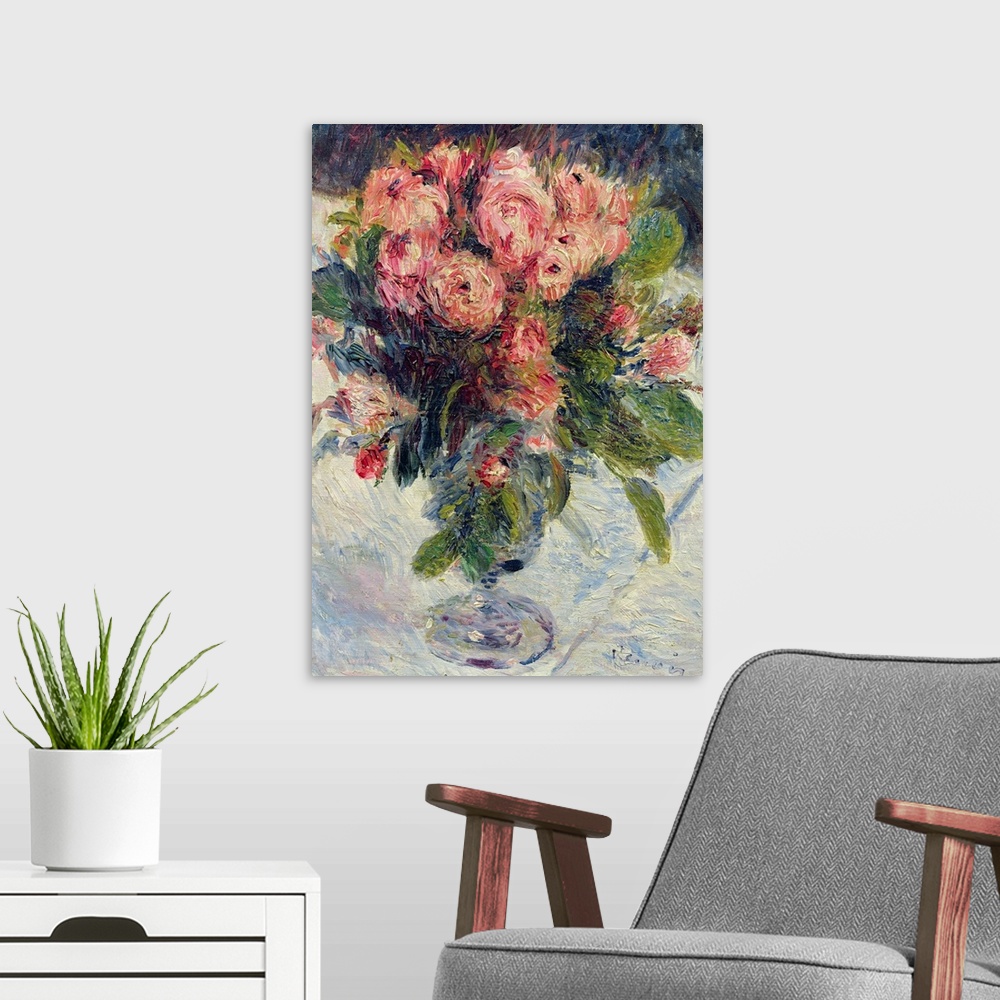 A modern room featuring Traditional painting of pastel colored flower bouquet in vase that is sitting on table.