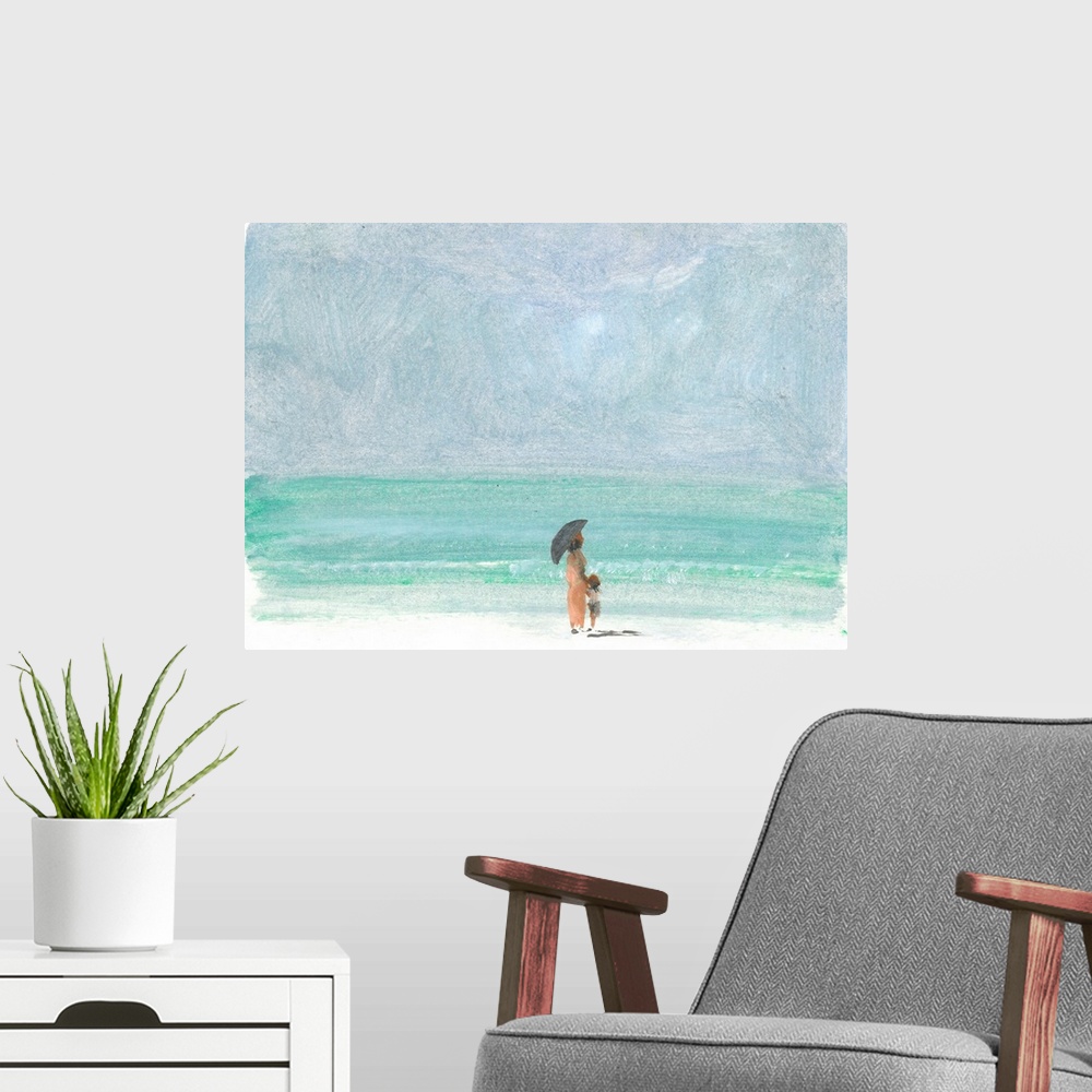 A modern room featuring Contemporary painting of a woman with a child on a beach under a black umbrella.