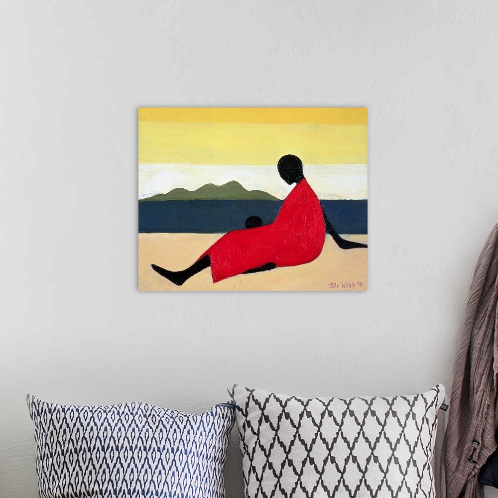 A bohemian room featuring This contemporary geometric painting shows a stylized woman sitting on a beach with her child in ...