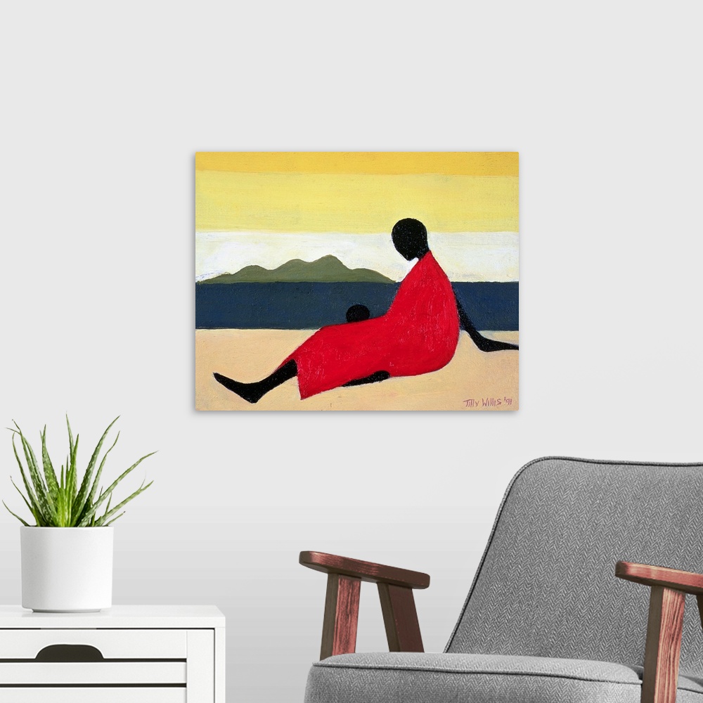 A modern room featuring This contemporary geometric painting shows a stylized woman sitting on a beach with her child in ...
