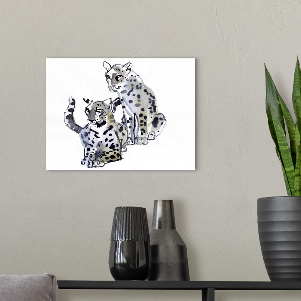 A modern room featuring Contemporary wildlife painting of an Arabian Leopard and her cub.