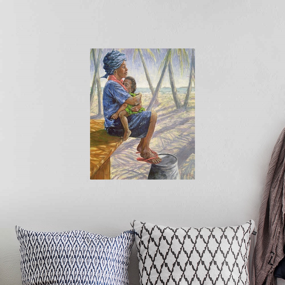 A bohemian room featuring Contemporary African artwork of a mother hugging her small child on her lap, with palm trees and ...