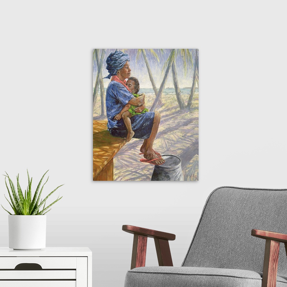 A modern room featuring Contemporary African artwork of a mother hugging her small child on her lap, with palm trees and ...