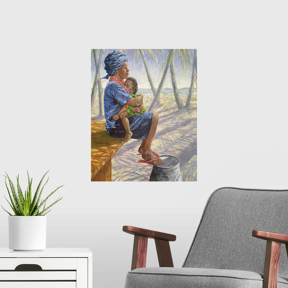 A modern room featuring Contemporary African artwork of a mother hugging her small child on her lap, with palm trees and ...