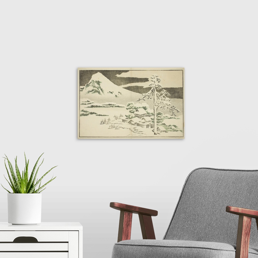 A modern room featuring Mount Fuji in Winter, from The Picture Book of Realistic Paintings of Hokusai, Hokusai shashin ga...