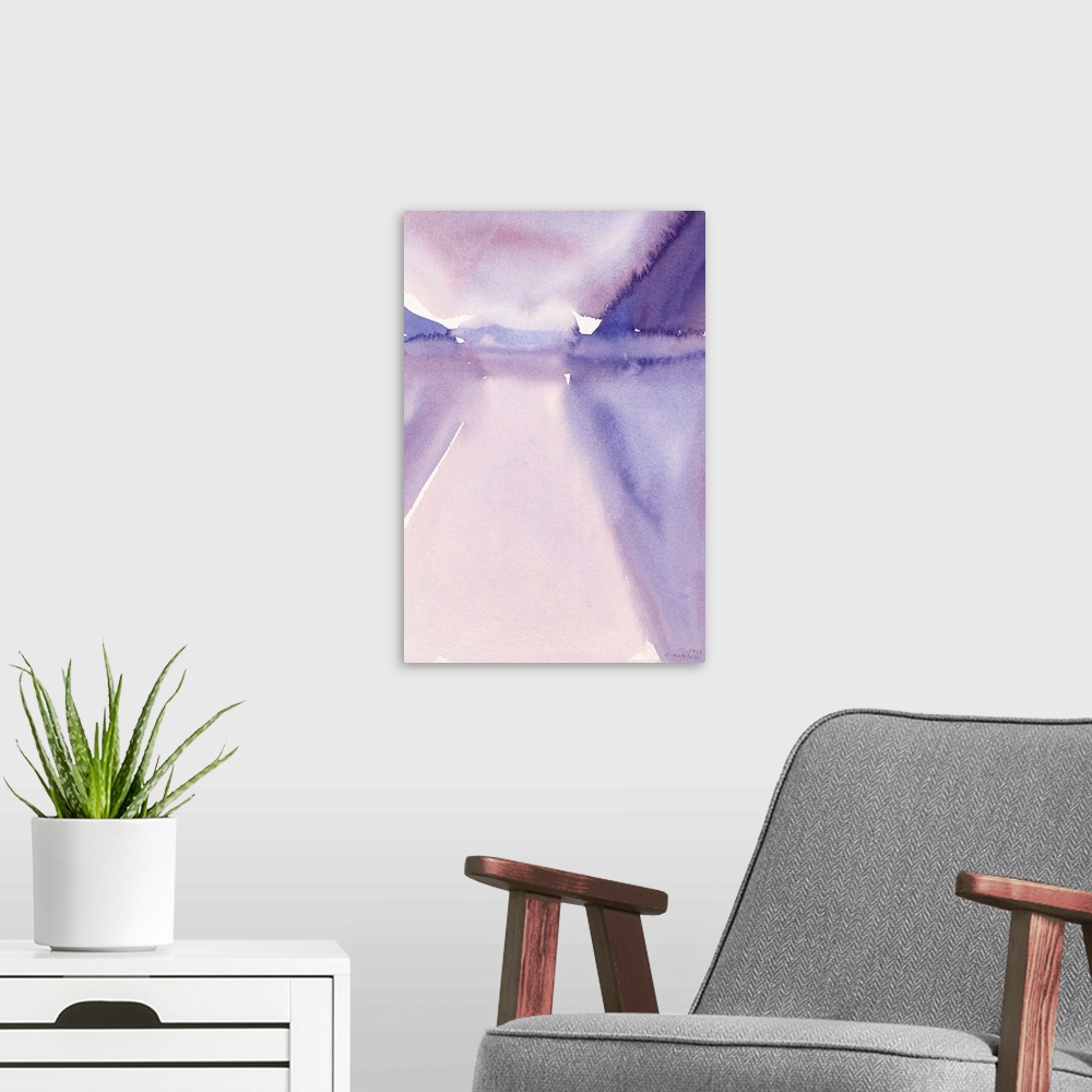 A modern room featuring Contemporary watercolor painting of a still lake.