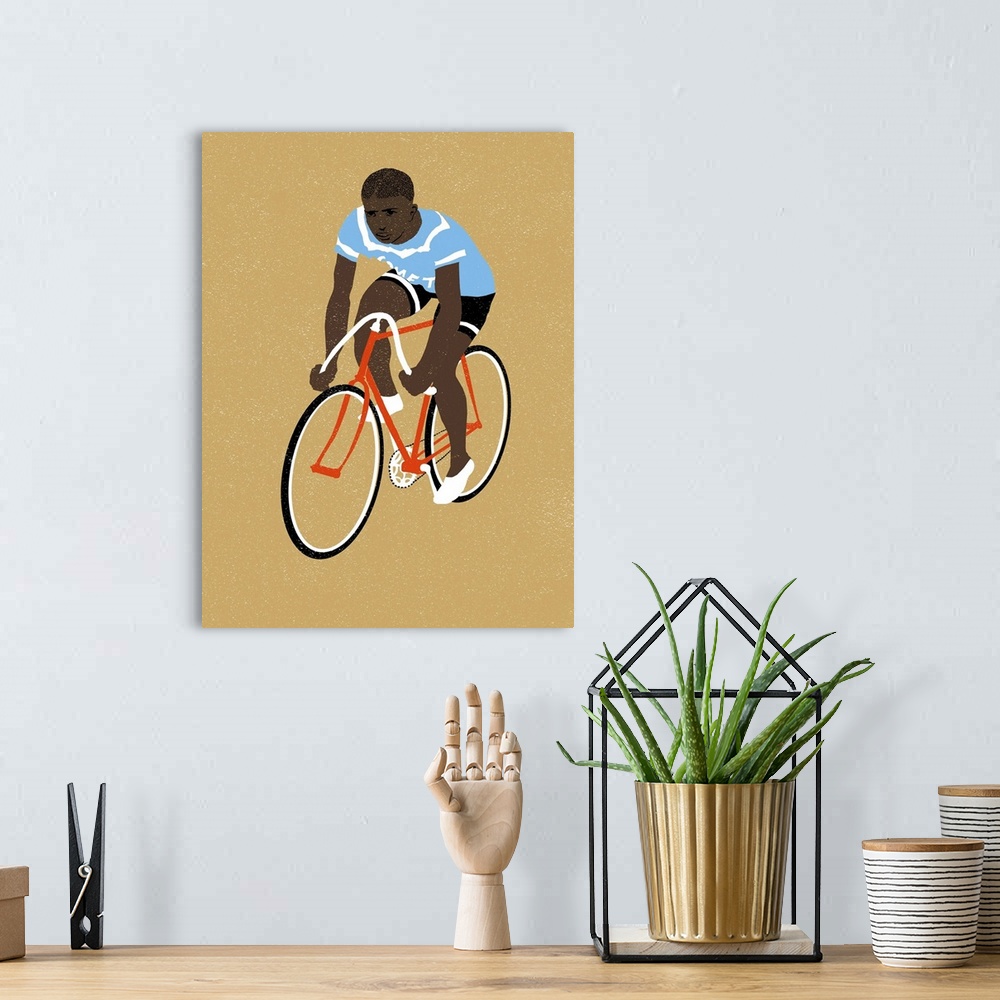 A bohemian room featuring Contemporary illustration of a cyclist on a red bike against a light brown background.