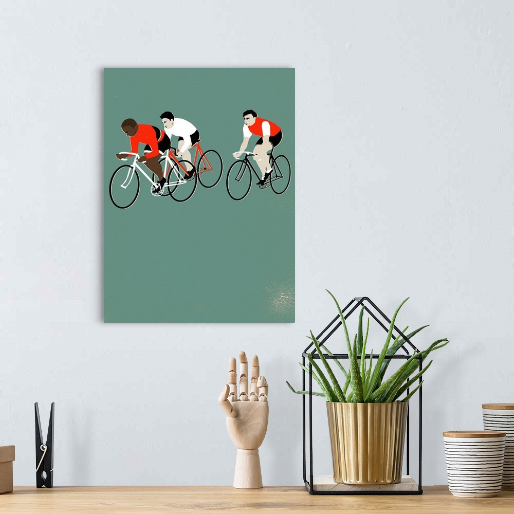 A bohemian room featuring Contemporary illustration of a cyclists riding against a pale green background.