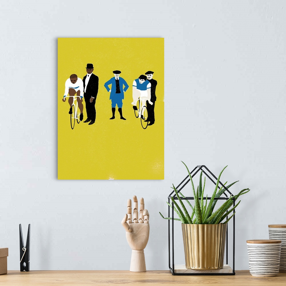 A bohemian room featuring Contemporary illustration of two cyclists ready to start off against a yellow background.