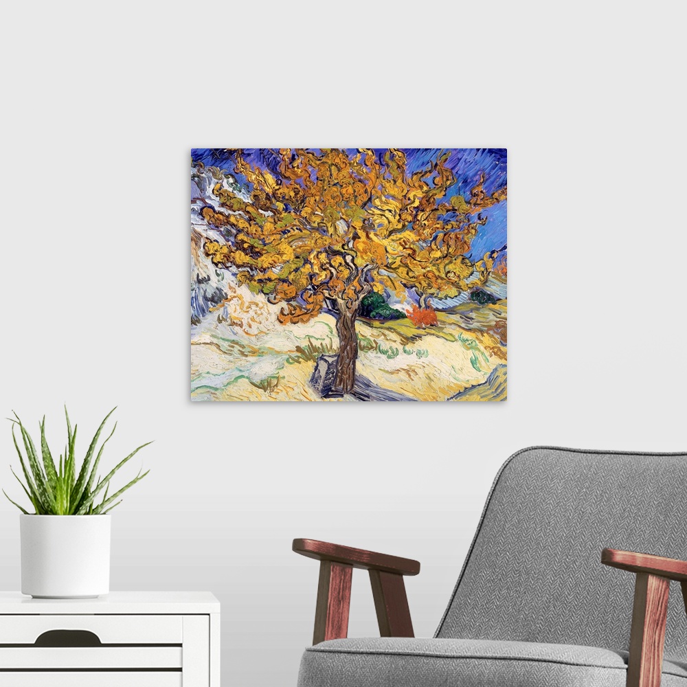 A modern room featuring Writhing brush strokes depict the leaves and tree branches in this lively Impressionist landscape.
