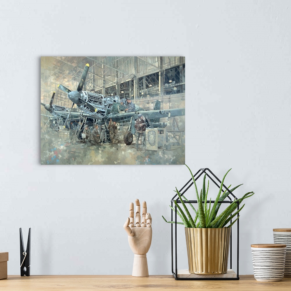 A bohemian room featuring Painting of airplanes in a hangar with pilots at work.