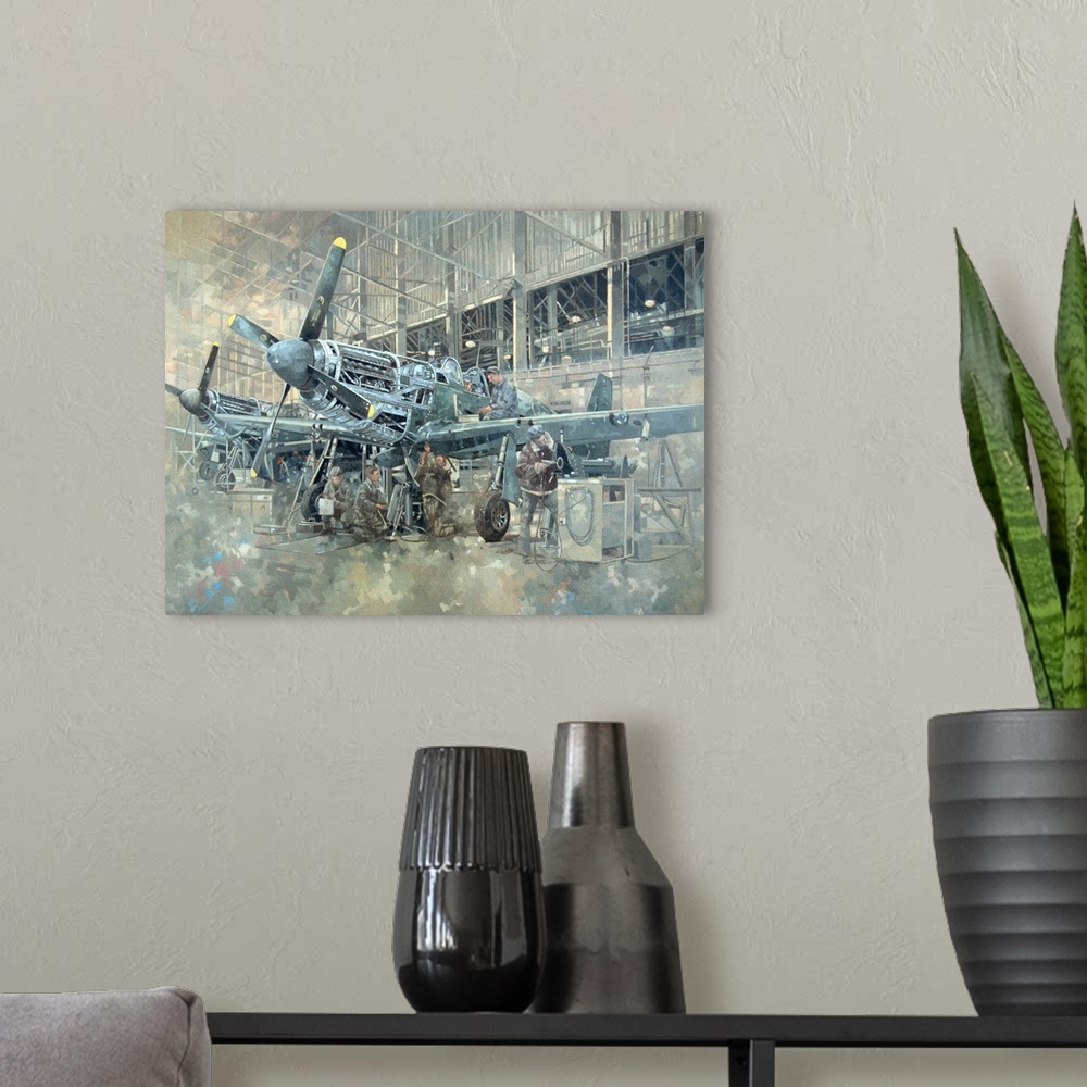 A modern room featuring Painting of airplanes in a hangar with pilots at work.