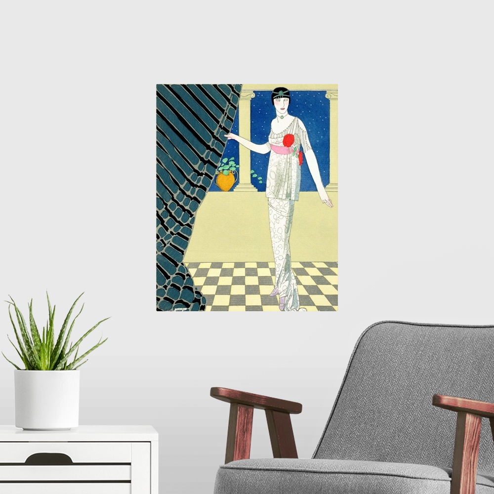 A modern room featuring 'My Guests Have Not Arrived', illustration of a woman in a dress by Redfern
