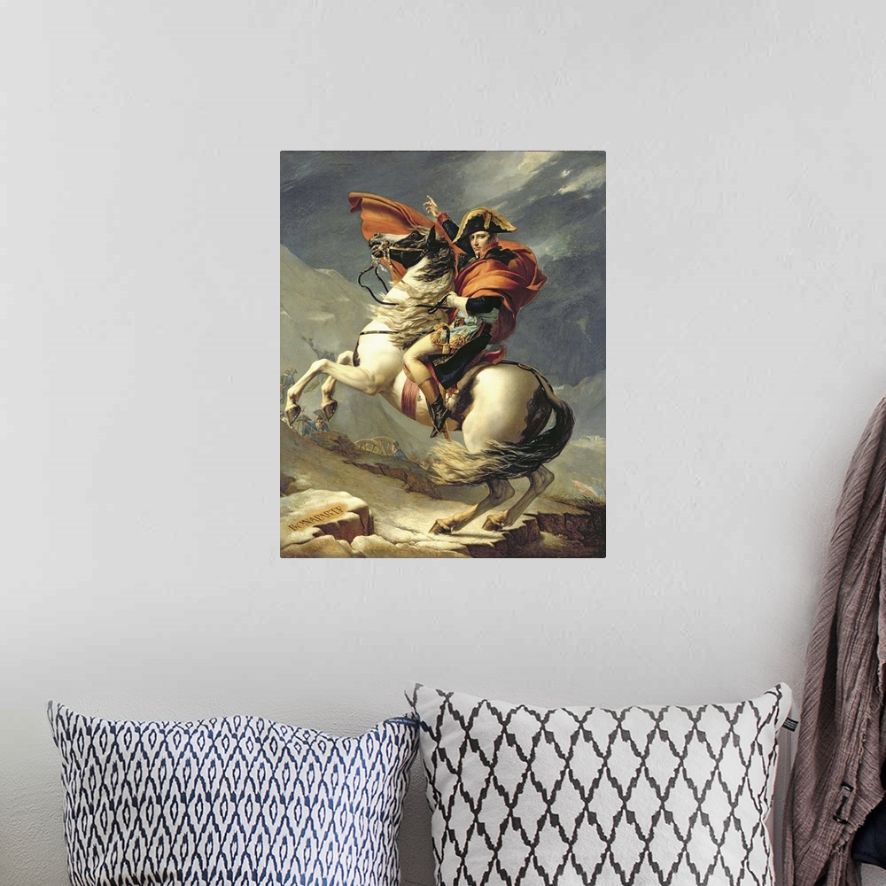 A bohemian room featuring Painting of French military leader on horseback with his finger pointing upward, with the text "B...