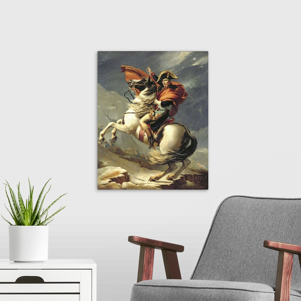 A modern room featuring Painting of French military leader on horseback with his finger pointing upward, with the text "B...