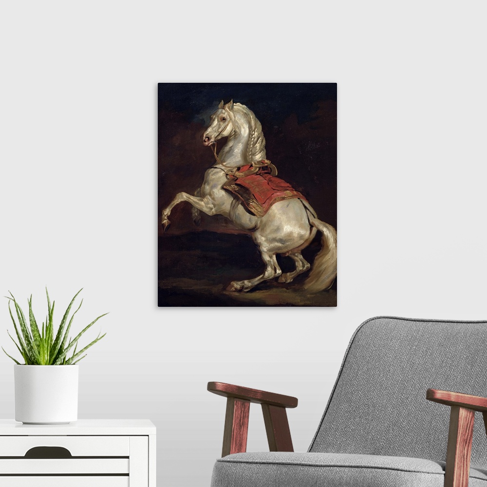 A modern room featuring This classical and historical art work is a vertical French painting depicting a magnificent hors...