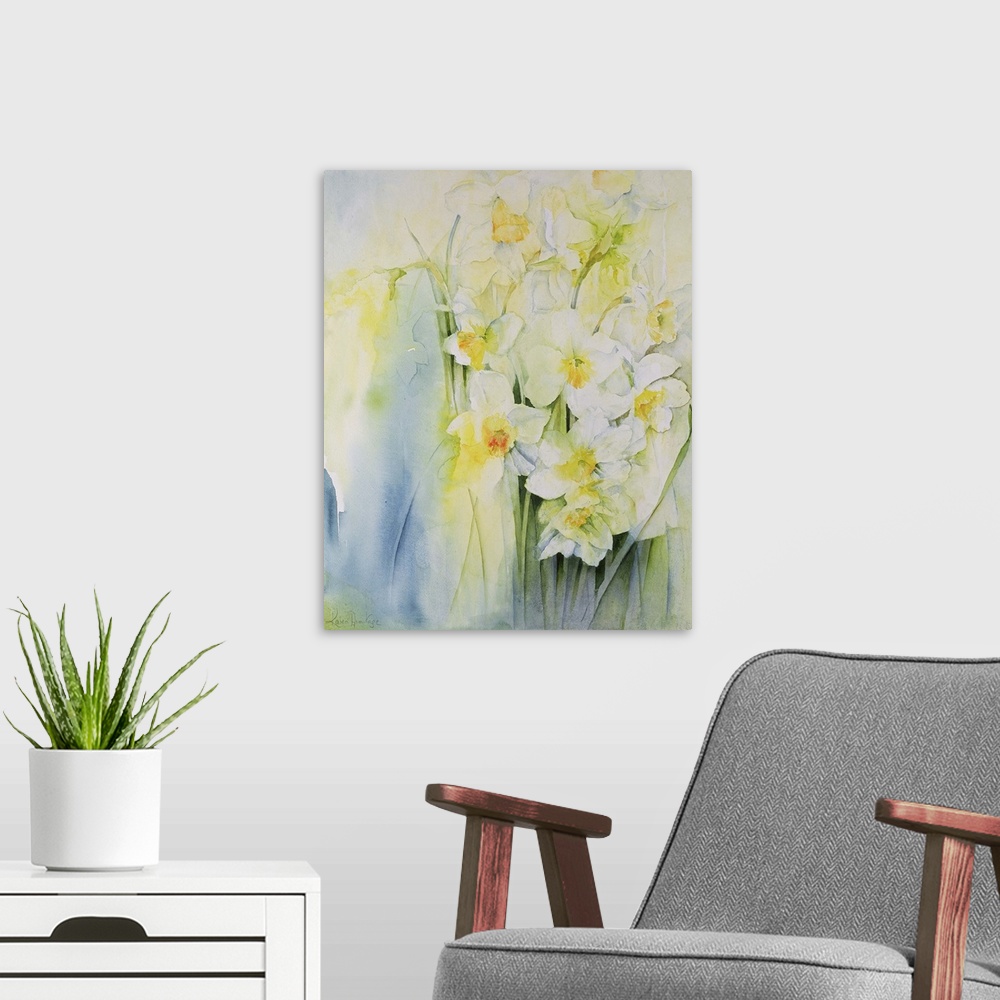 A modern room featuring Narcissi and freesia