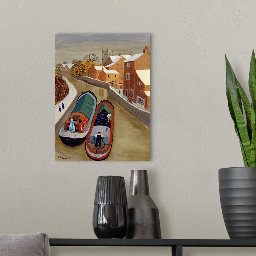 A modern room featuring Contemporary painting of two boats in a canal in the city.