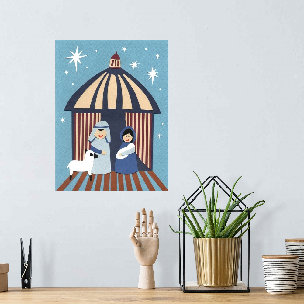 A bohemian room featuring Children's art in a nativity scene.