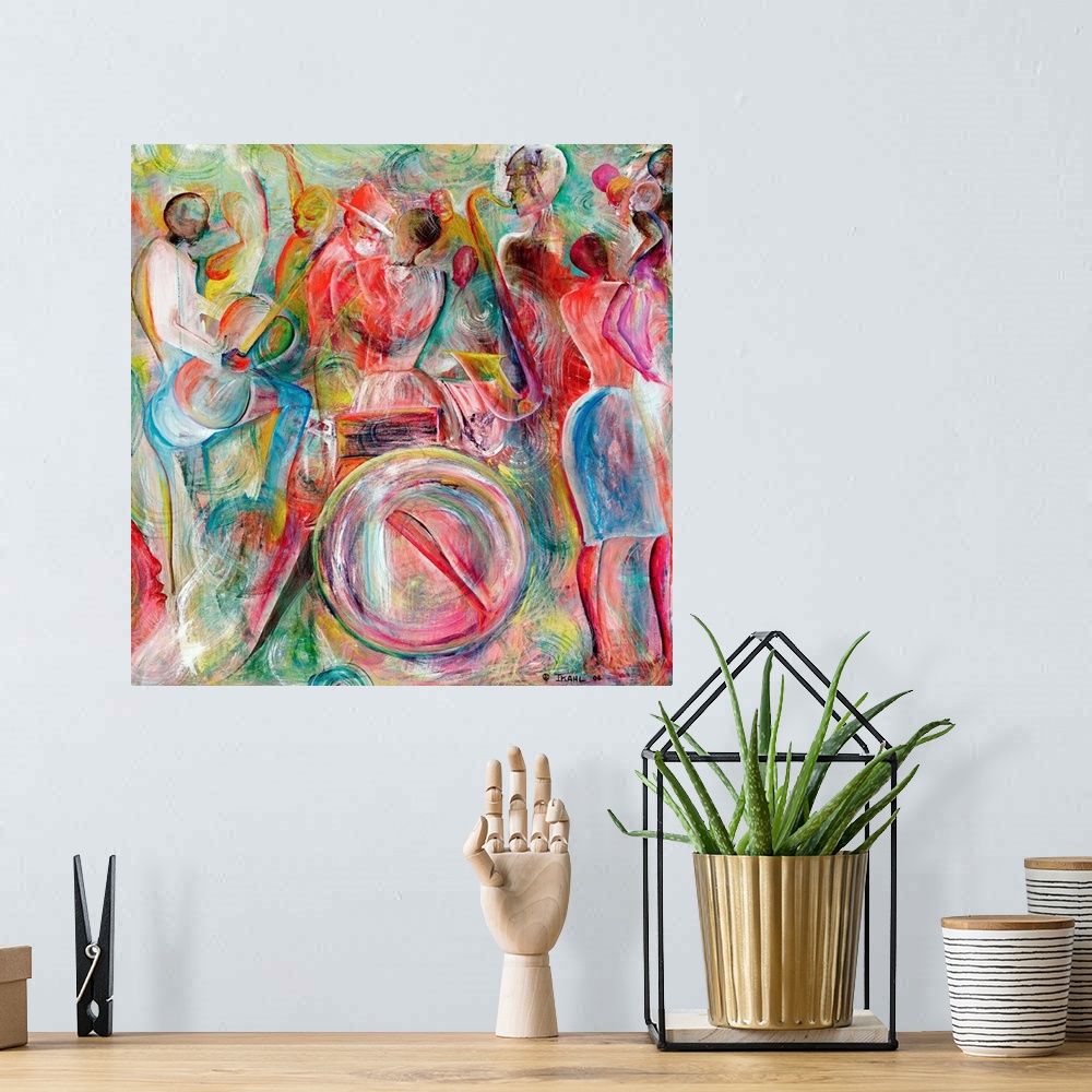 A bohemian room featuring This contemporary art is an abstracting painting of African-American musicians playing jazz instr...
