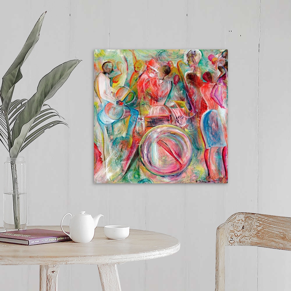 A farmhouse room featuring This contemporary art is an abstracting painting of African-American musicians playing jazz instr...