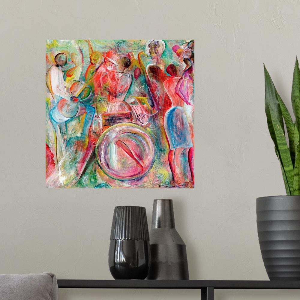 A modern room featuring This contemporary art is an abstracting painting of African-American musicians playing jazz instr...