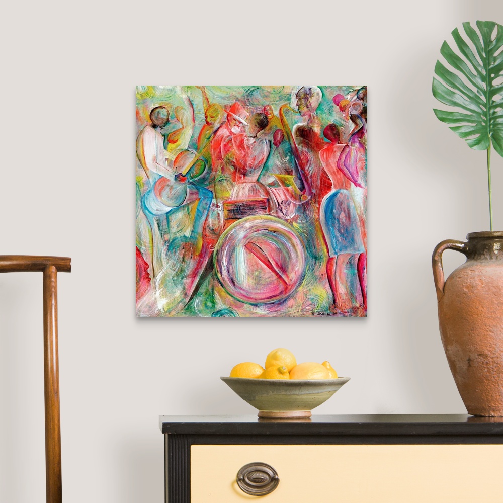 A traditional room featuring This contemporary art is an abstracting painting of African-American musicians playing jazz instr...