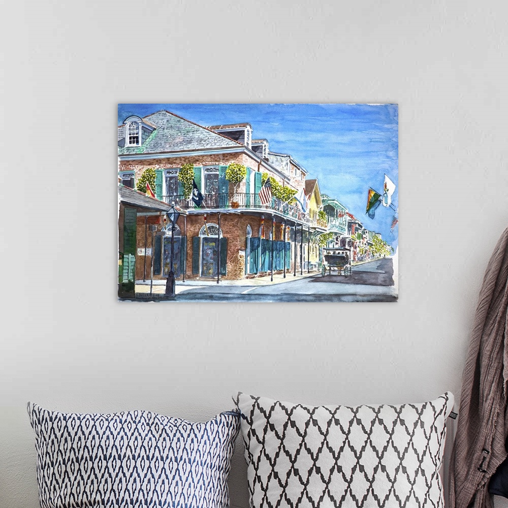 A bohemian room featuring Contemporary watercolor painting of a street in New Orleans, Louisiana, on a clear day.