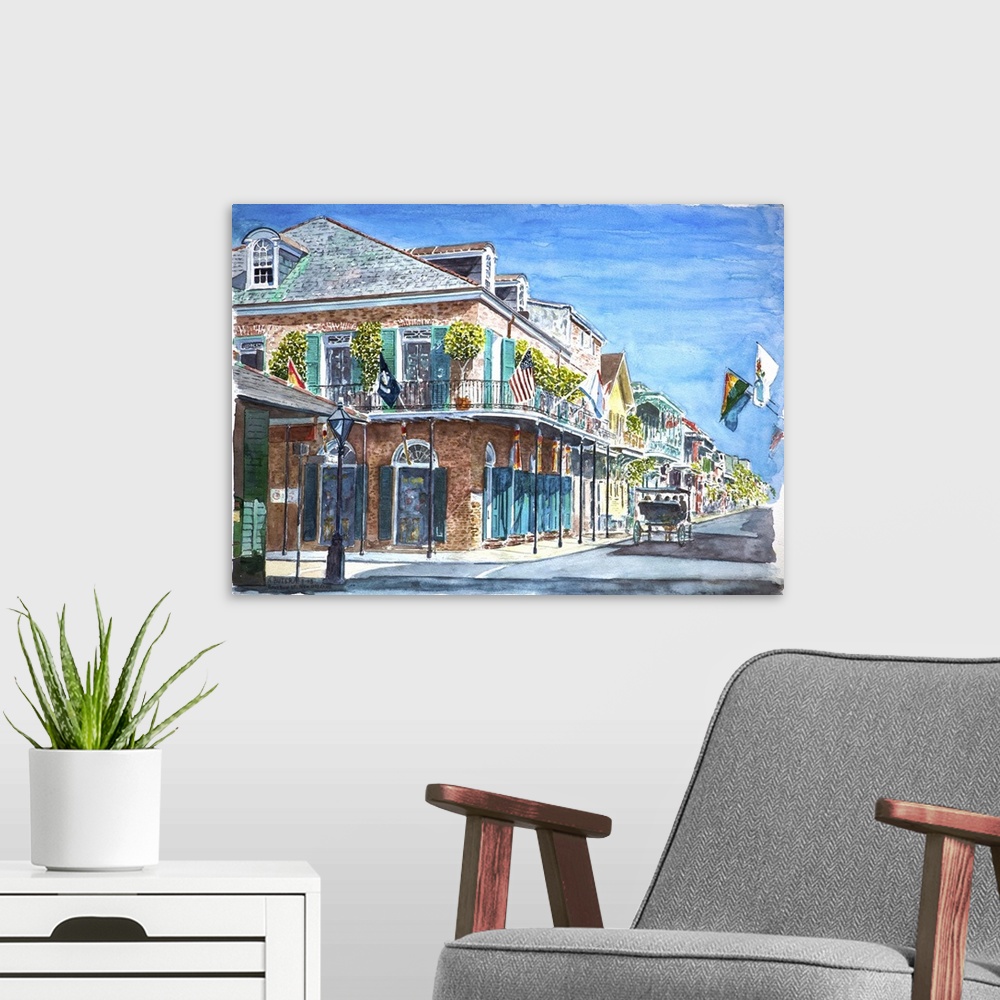 A modern room featuring Contemporary watercolor painting of a street in New Orleans, Louisiana, on a clear day.