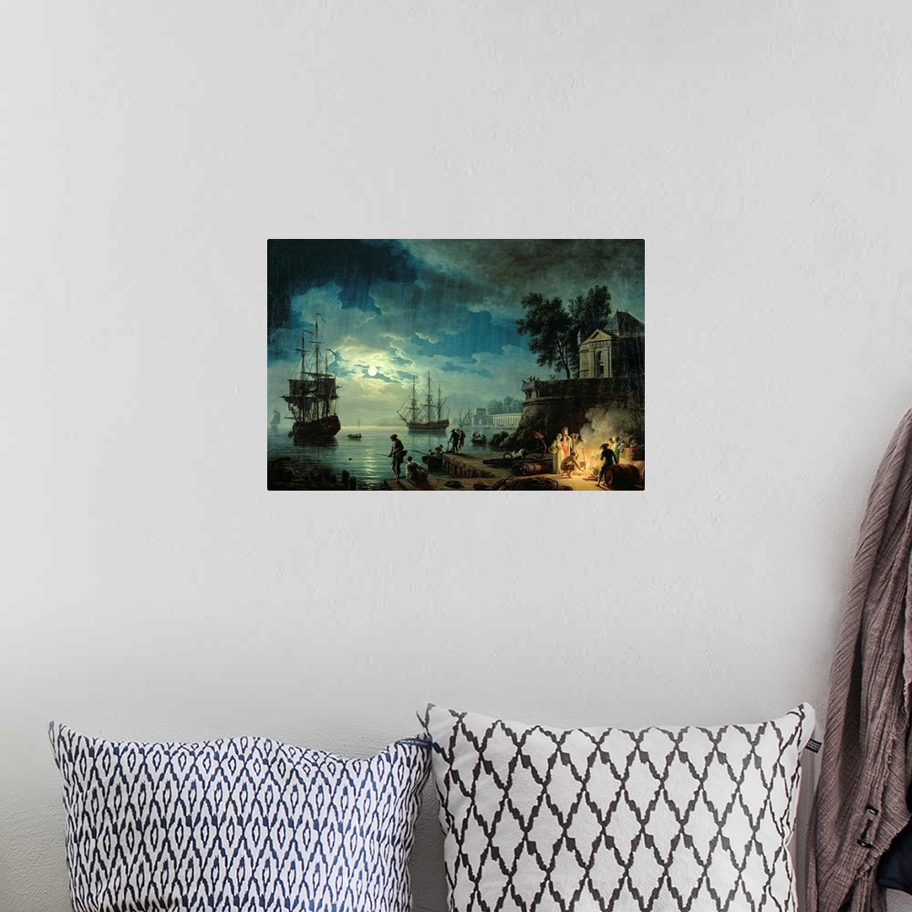 A bohemian room featuring Oil painting of ships coming into a port at night with the ocean illuminated in moon light and pe...