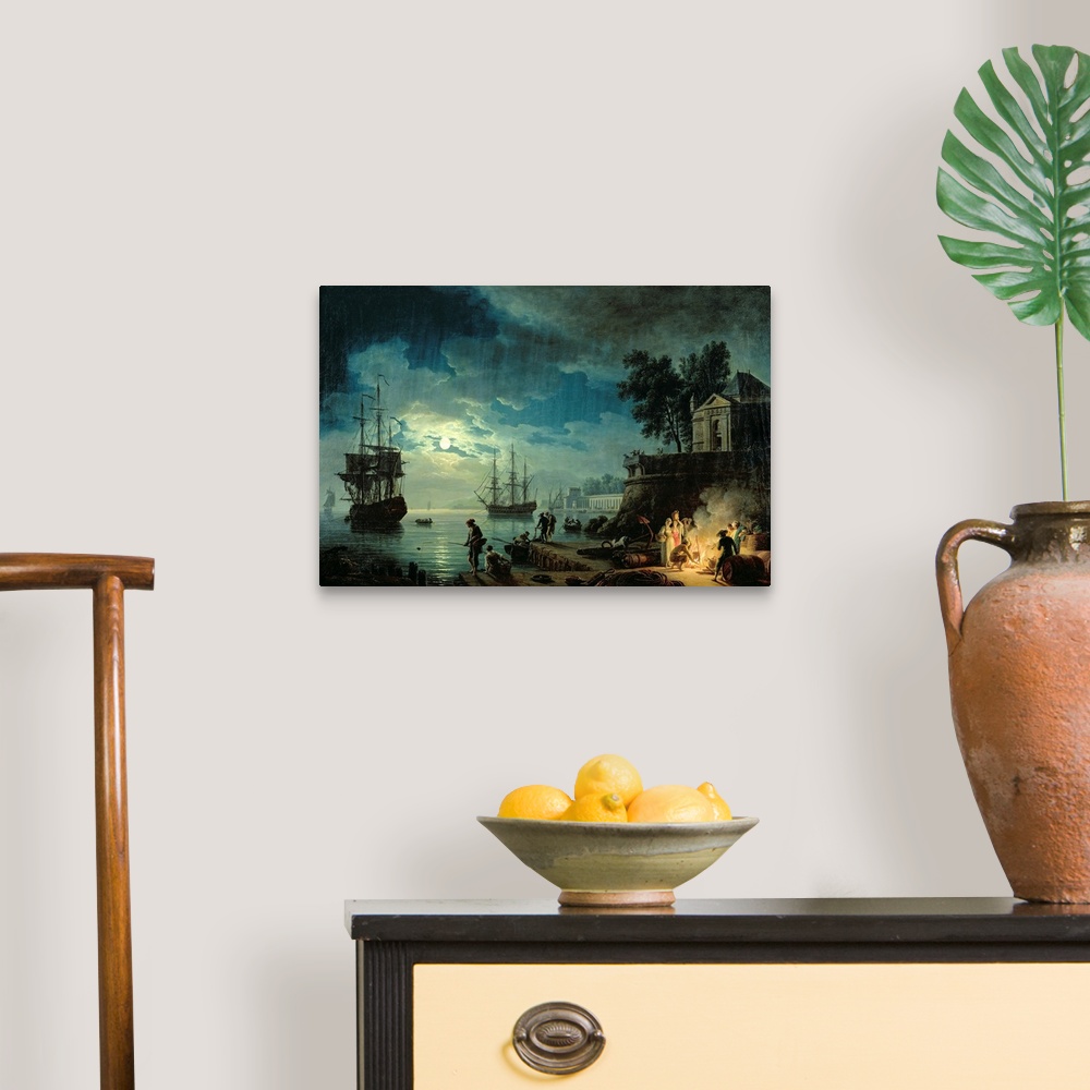 A traditional room featuring Oil painting of ships coming into a port at night with the ocean illuminated in moon light and pe...