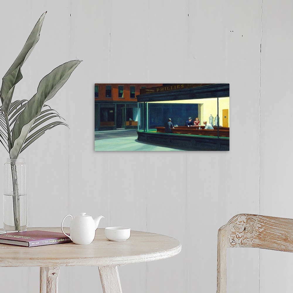 A farmhouse room featuring Painting of a view from outside of two men and a woman sitting inside at a diner bar drinking cof...